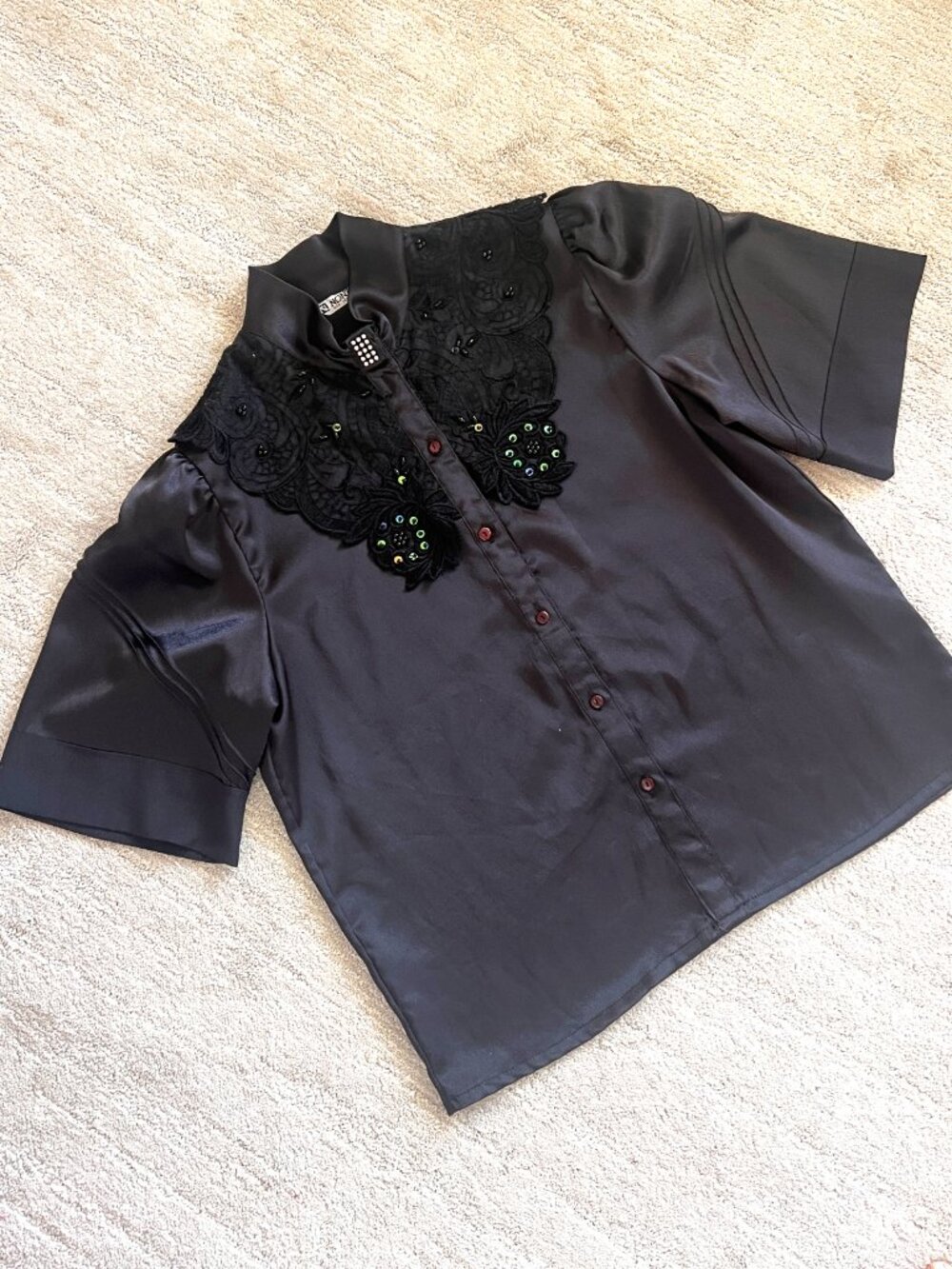 Vintage- Nona Black Satin Beaded Lace High Neck Statement Blouse Size Med